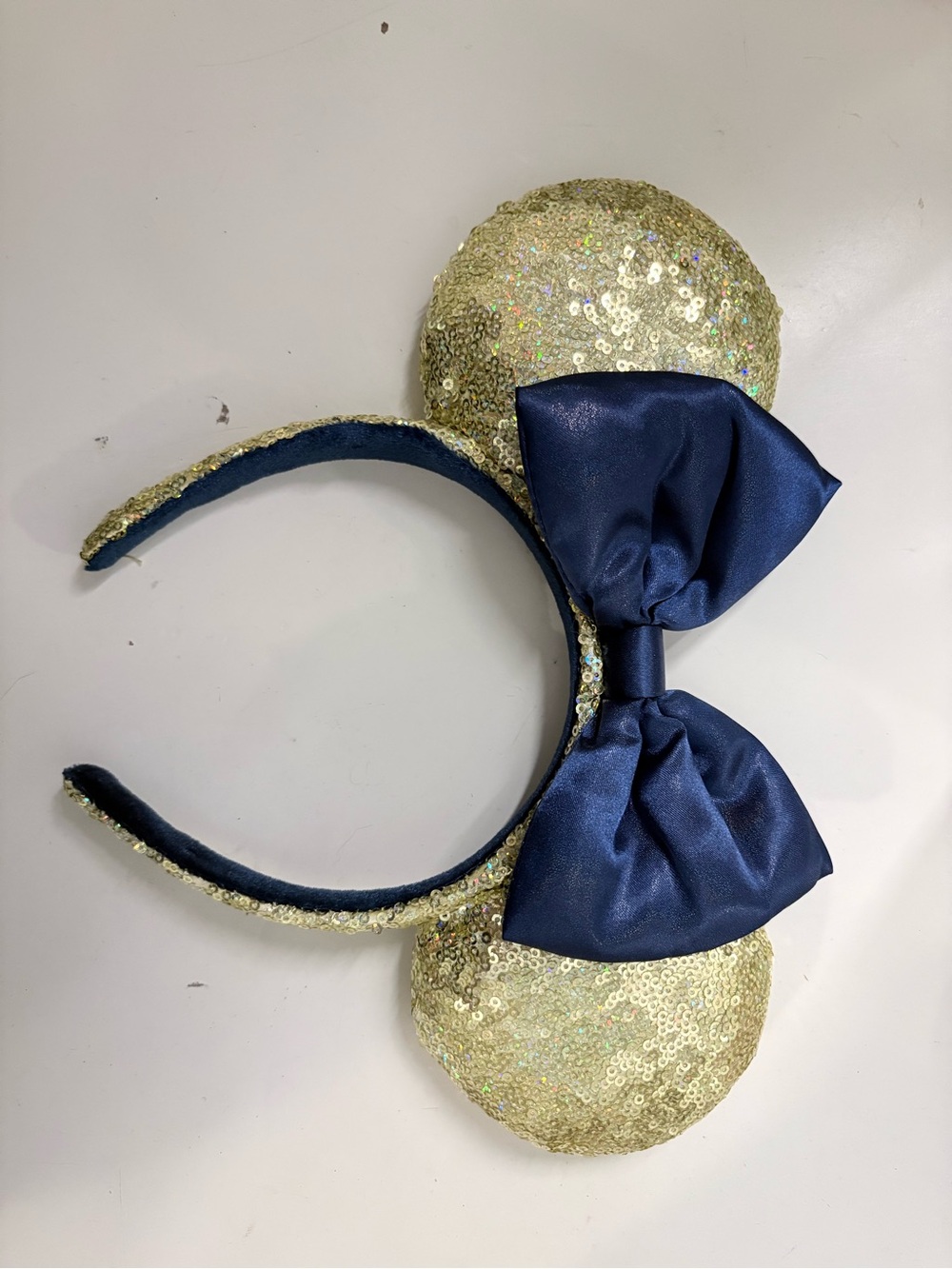 Gold Sequin Minnie-Style Ears Headband with Navy Bow